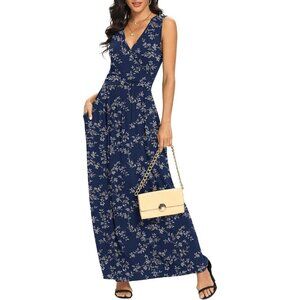 Women Blue Leaves Deep V Neck Sleeveless Loose Plain Long Maxi Stretchy Dress